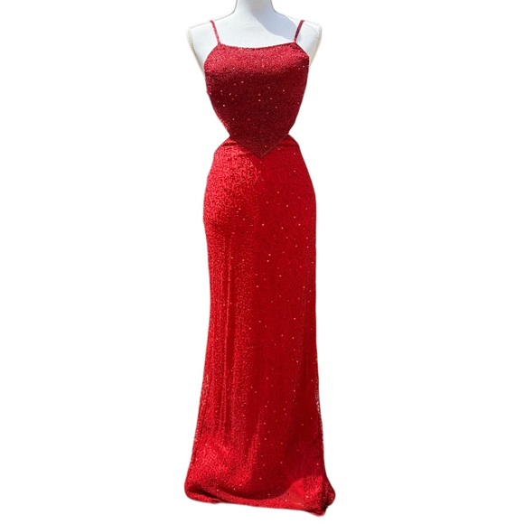 Y2K Scala Red Sequin & Beaded Floor Length Silk Open-back Prom Dress Size S - Picture 1 of 12